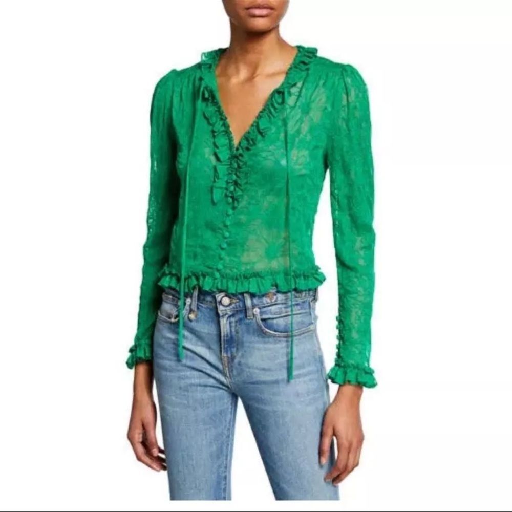 Alexis Saxon Floral Lace Ruffle Button Front Blouse Fairycore Green Sz S